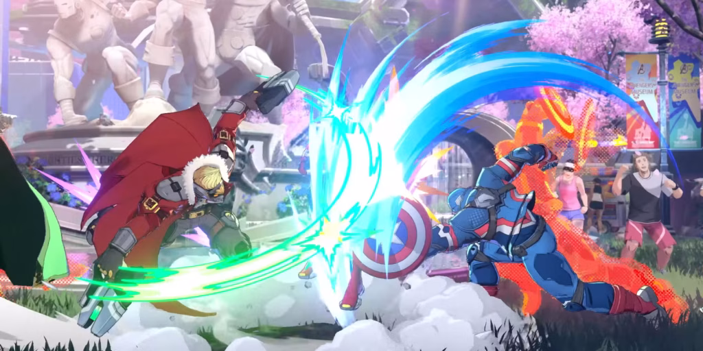 MARVEL Tōkon: Fighting Souls preview -- screenshot of Star-Lord fighting Captain America fighting with cherry blossoms in the background