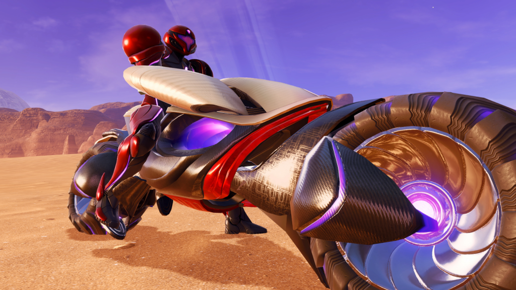 A screenshot from Metroid Prime 4: Beyond with Samus on a motorbike