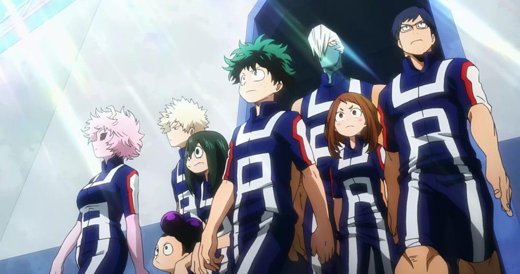 A screenshot of My Hero Academia where a group of students in uniforms walk out determinedly