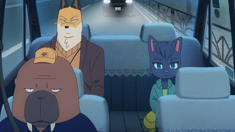 A screenshot of the anime Odd Taxi where a walrus drives a dog and a cat