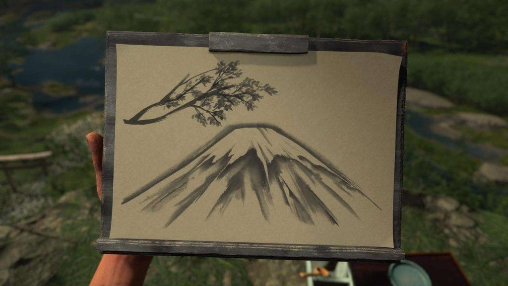 Ghost of Yotei - Sumi-e painting of a mountain