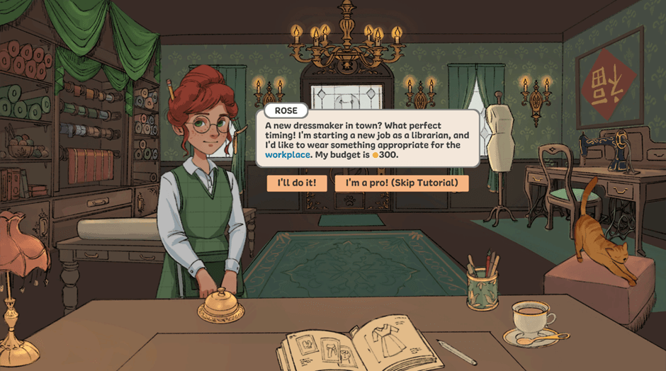 Dressmaker indie game - screenshot of the intro tutorial section, with dialogue from a red-haired woman named Rose