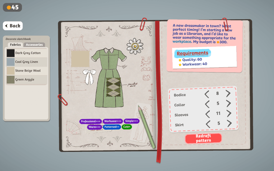 Dressmaker indie game - an in-game journal with a green dress sketched on one of the pages