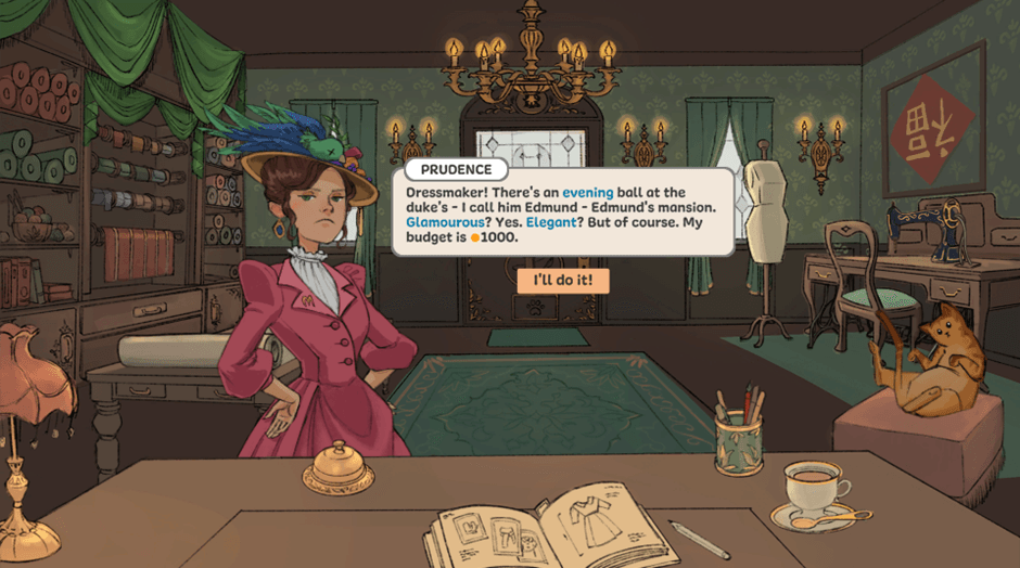 Dressmaker indie game - a screenshot of dialogue with a woman named Prudence