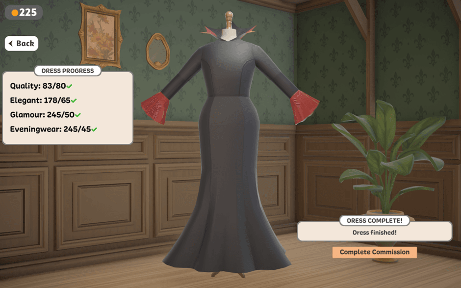 Dressmaker indie game - screenshot of a black and red dress made for the character Prudence