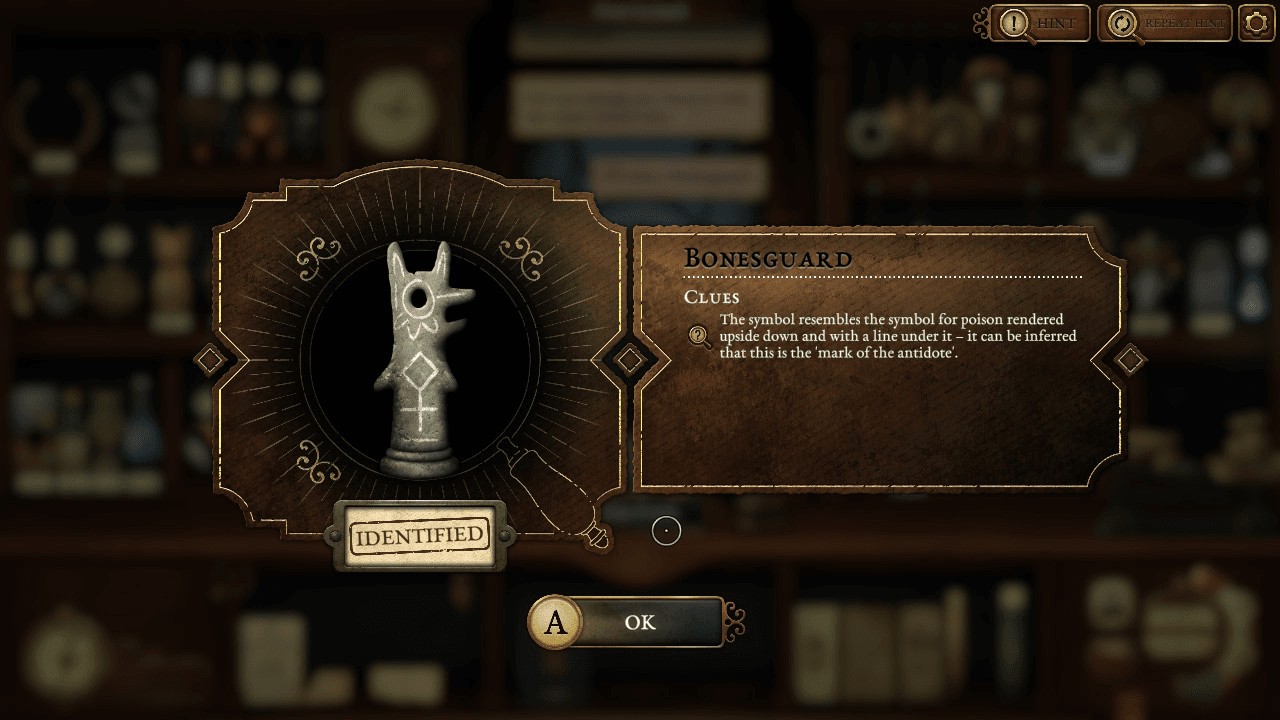 A screenshot of Strange Antiquities. of the description of a Bonesguard, a stone magical talisman