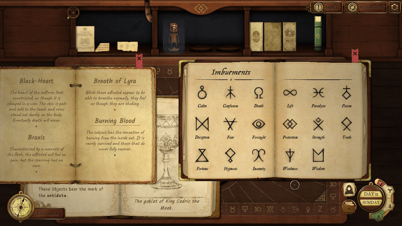 A screenshot of a crowded desk with many books in Strange Antiquities