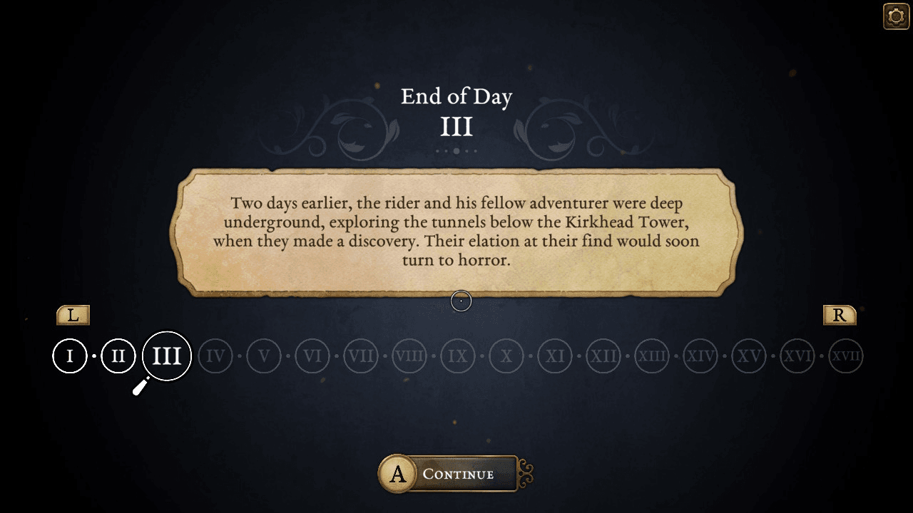 A screenshot of Strange Antiquities showing the end of Day 3 when two riders discover something horrifying in a tunnel