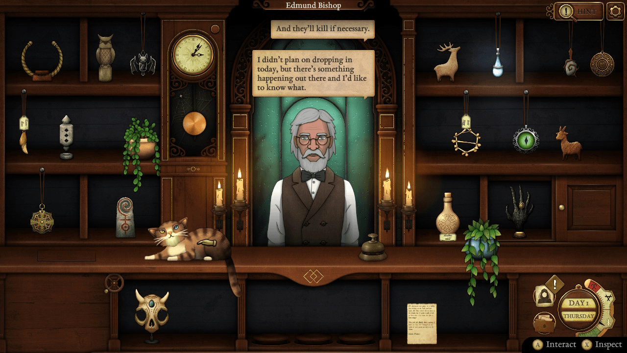 A screenshot in Strange Antiquities of Edmund Bishop entering the shop and explaining his dangerous request