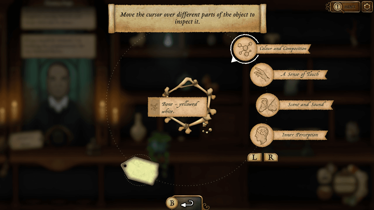 A screenshot in Strange Antiquities of a player examining a bone charm