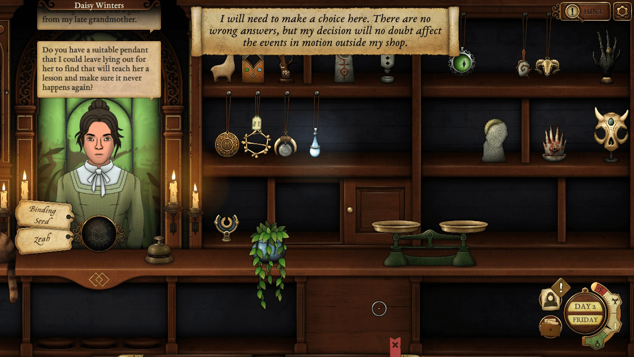 A screenshot in Strange Antiquities of customer Daisy Winters asking for an object, and the player's choice having an impact