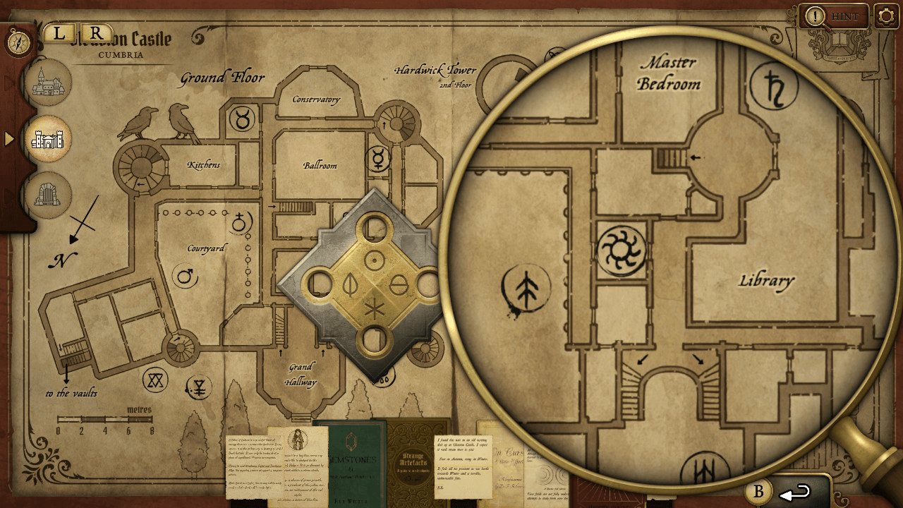 A screenshot of Strange Antiquities of a map of Gleason Castle and a puzzle