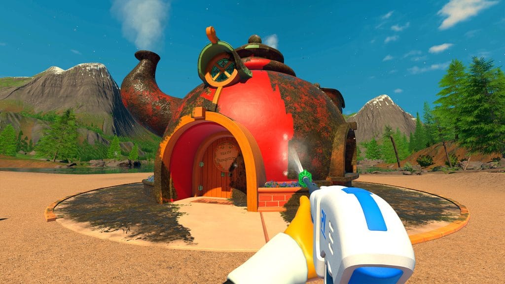 PowerWash Simulator 2 review - screenshot of the Teapot Tea Room level, in which the player hoses down a building that's shaped like a teapot