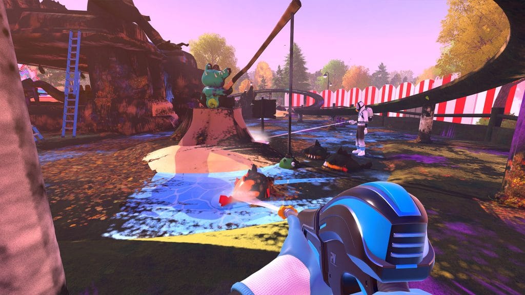 PowerWash Simulator 2 review - screenshot of the player power washing kids' toys on a playground