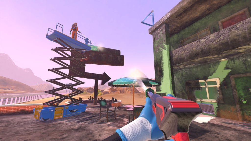 PowerWash Simulator 2 review - screenshot of the player power washing an umbrella while a second player cleans on top of a nearby scissor lift