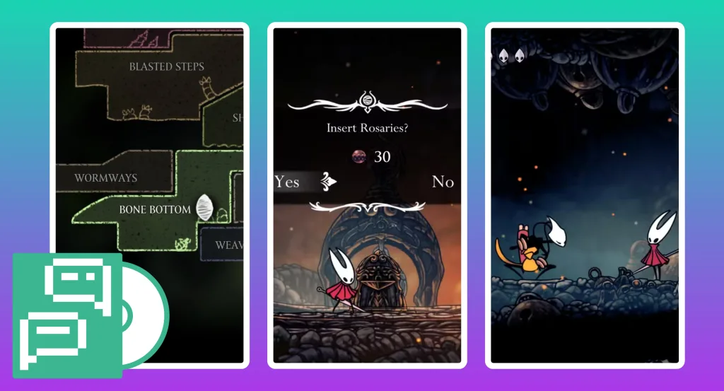 A combined image of things that are frustrating about Hollow Knight: Silksong including the map, rosaries, and the beginning 10 hours 