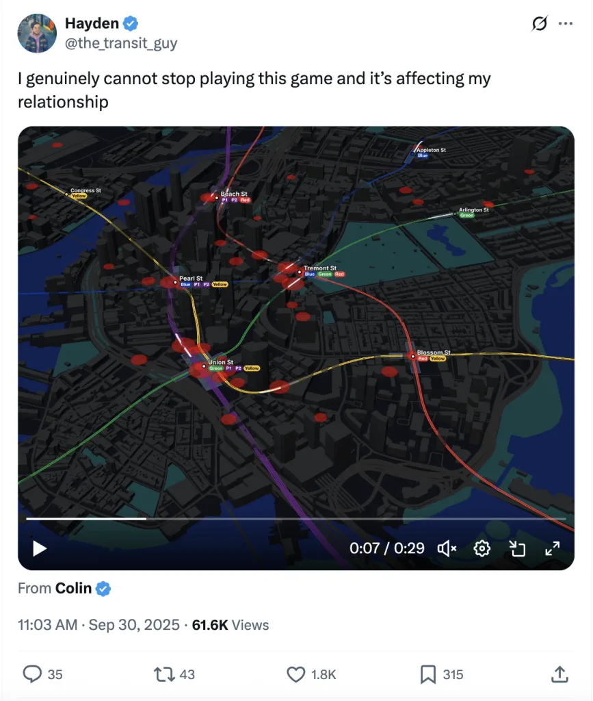 A screenshot of a Tweet of someone saying "I genuinely cannot stop playing this game and it's affecting my relationship" along with a video of Subway Builder