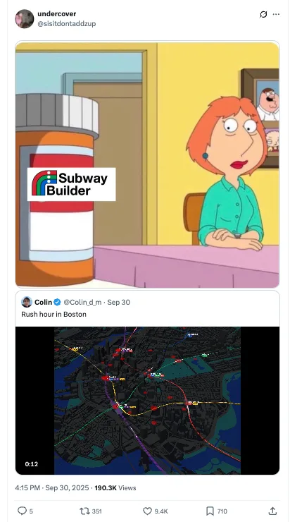 A screenshot of a Tweet of a character looking at a pill bottle with Subway Builder logo on it with excitement in response to a screenshot of the game in-progress with "rush hour in Boston" 