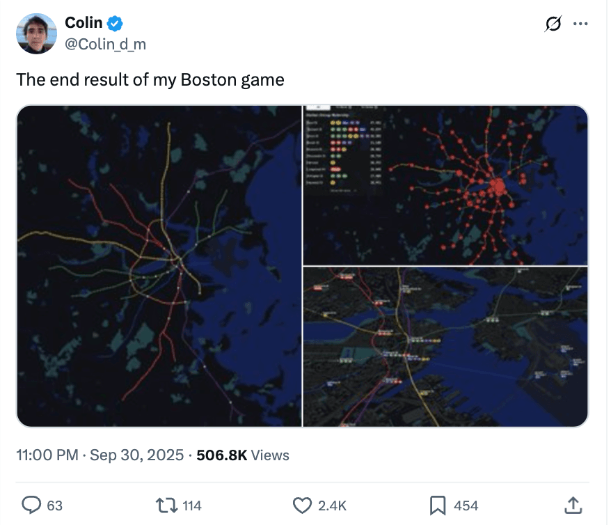 A screenshot of a Tweet of the developer, Colin Miller, showing the "end result" of his Boston game