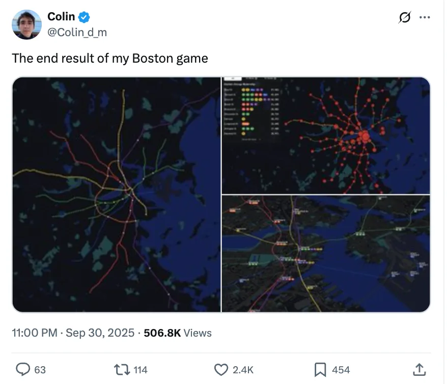A screenshot of a Tweet of the developer, Colin Miller, showing the "end result" of his Boston game