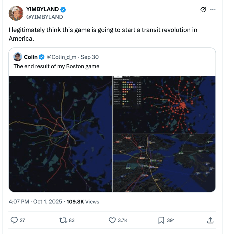 A Twitter screenshot of someone saying "I legitimately think this game is going to start a transit revolution in America"  in response to screenshots of Subway Builder