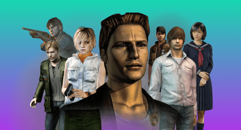 The Best Ways To Visit Silent Hill  A graphic showing all the protagonists of all the main Silent Hill games on a teal and purple screen