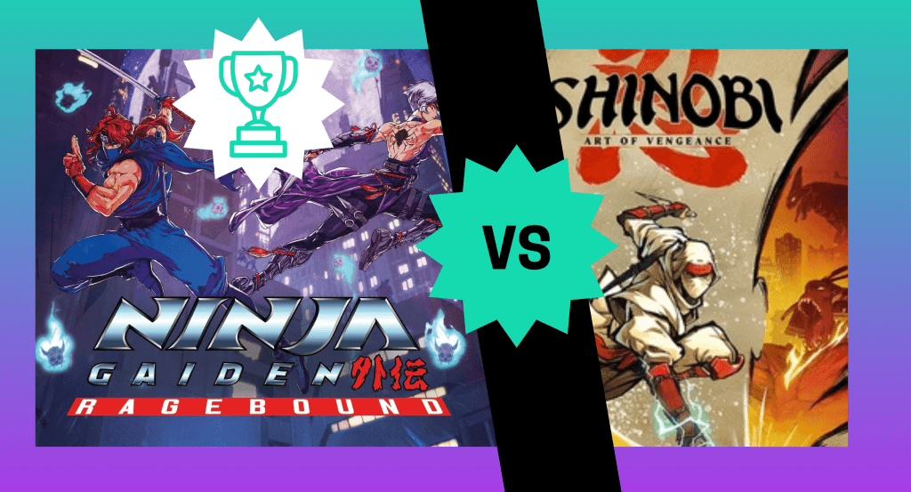 A comparison image showing the cover art of Ninja Gaiden: Ragebound vs Shinobi Art of Vengeance, showing Ragebound as the winner