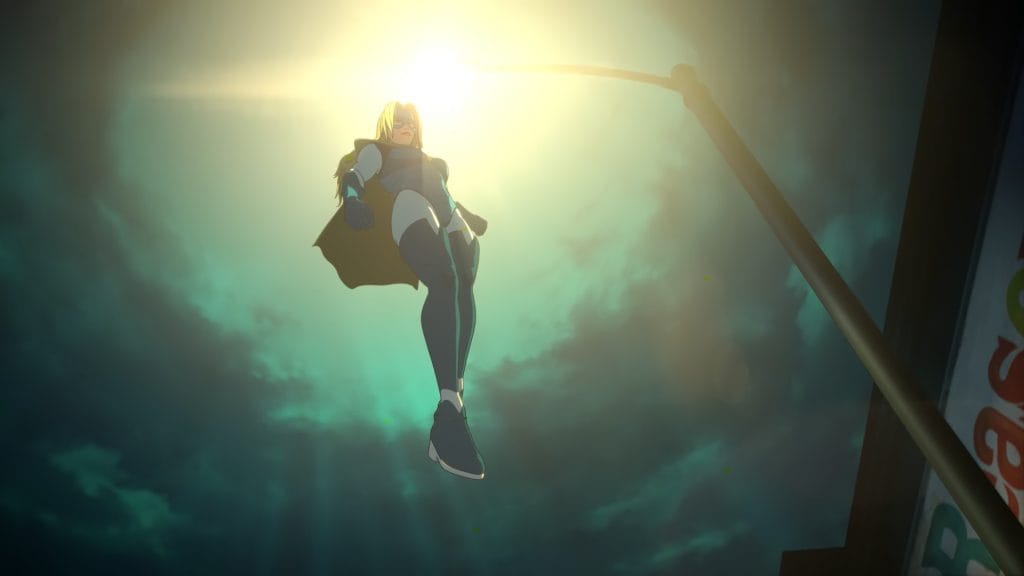 Dispatch Episodes 1 & 2 Review: a cutscene displaying a female superhero hovering under a street lamp at night