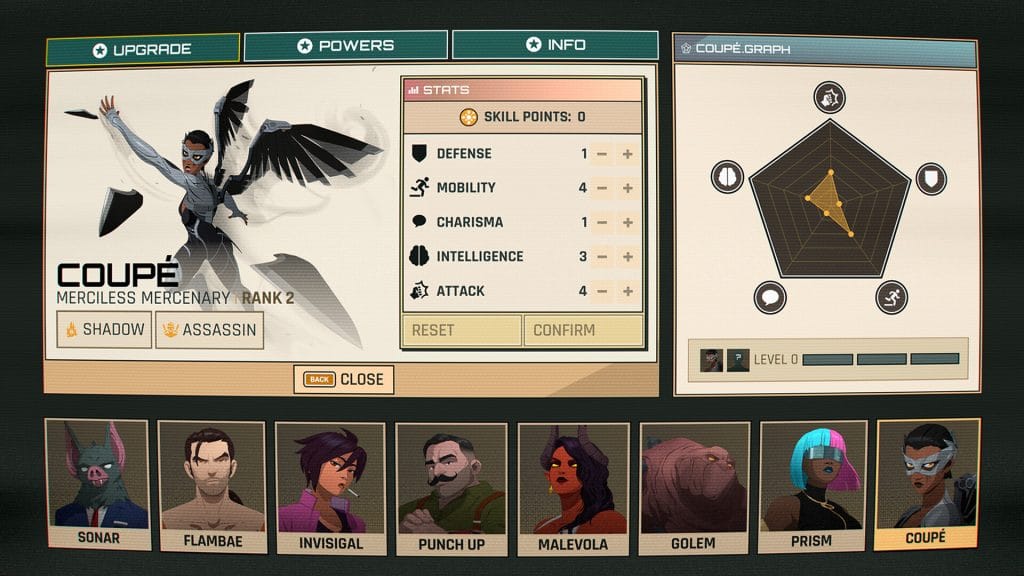 Dispatch Episodes 1 & 2 Review: a gameplay screen displaying the stat line for the superhero Coupé