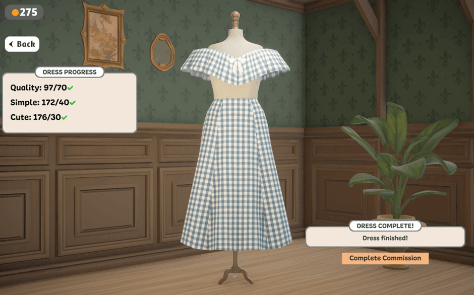 Dressmaker indie game - a screenshot of a completed dress with a plaid, blue and white pattern