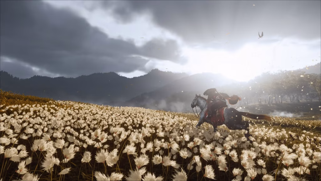 Ghost of Yotei - horseback riding through white flowers
