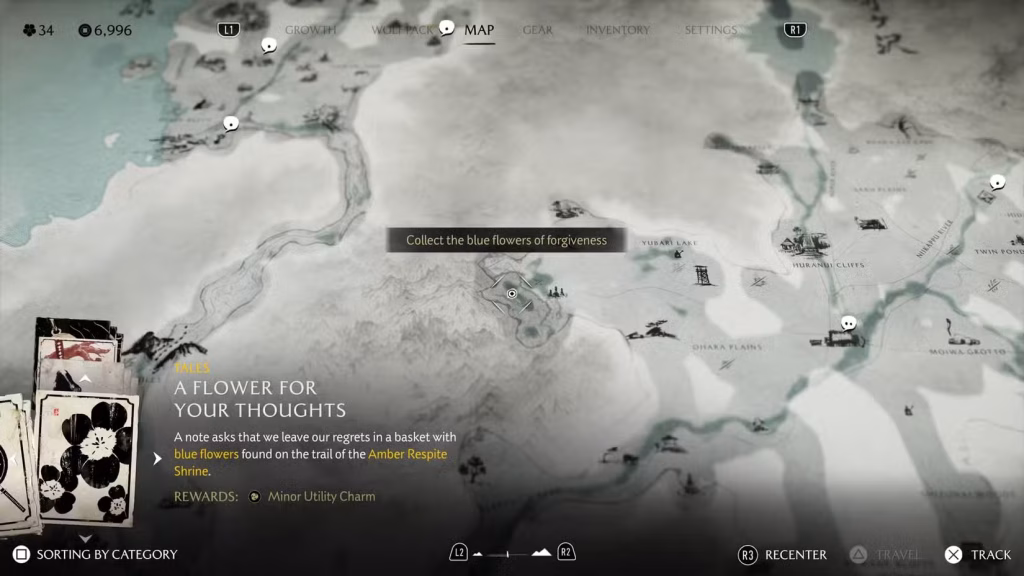 Ghost of Yotei - a screenshot of the map screen with checklists and quests