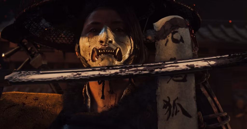 Ghost of Yotei - Atsu cleaning the blood of her enemies off her sword