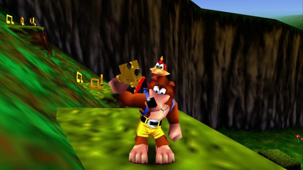 Banjo-Kazooie - screenshot of the titular duo grabbing a jiggy