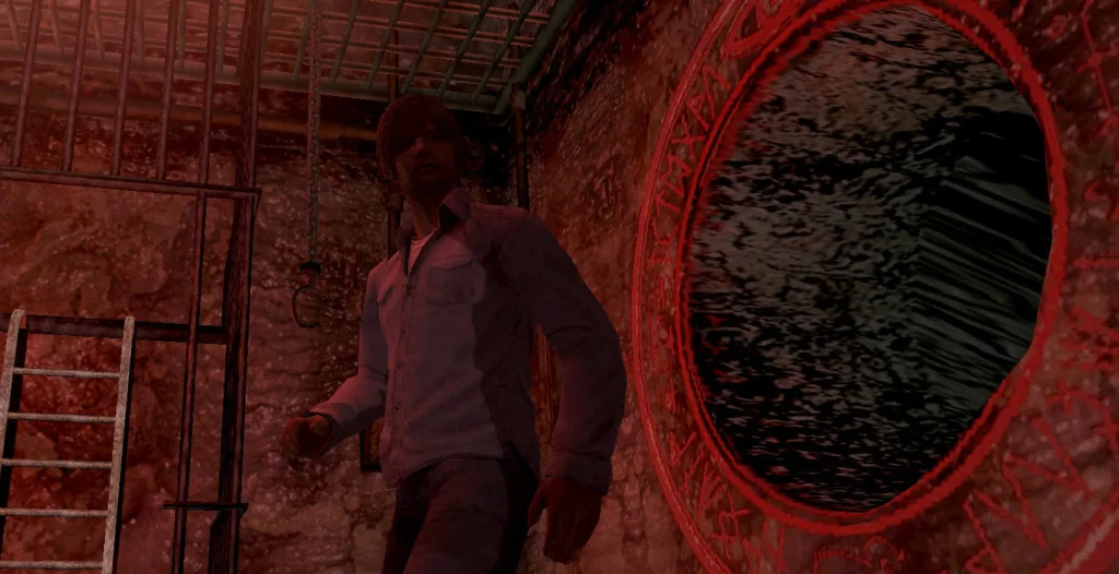 Silent Hill 4 - dark waypoint hole with Henry looking nervous