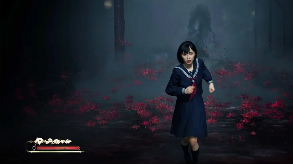 A screenshot of Silent Hill f with Hinako Shimizu running towards the camera, looking scared