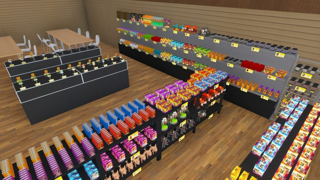 A screenshot of TCG Card Shop Simulator showing rows of shelves stocked with colorful items from a fictional card game