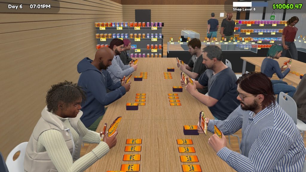 A screenshot of TCG Card Shop Simulator showing customers playing the card game in the shop