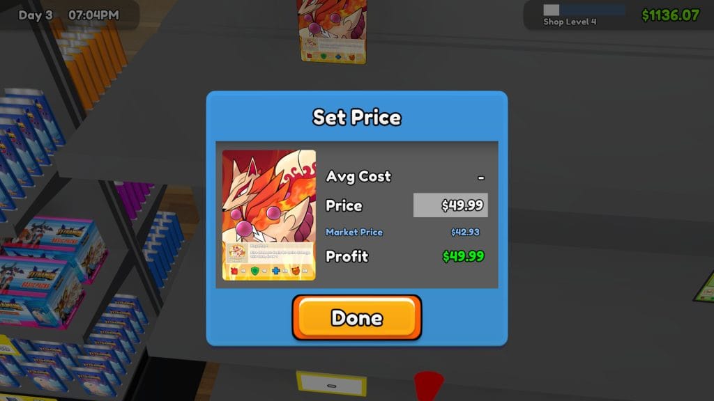 A screenshot of TCG Card Shop Simulator showing a fictional card with a fire-like fox and a price calculator
