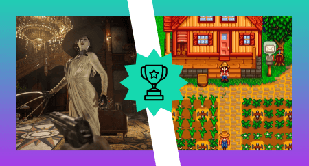 A Beginner's Guide to Achievement Hunting - on the left, a screenshot of Lady Dimitrescu from Resident Evil Village; on the right, a screenshot of a farm from Stardew Village