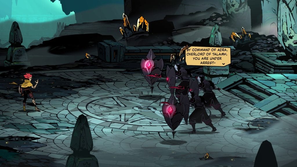 Absolum Review - enemies confronting Cider, with a dialogue box