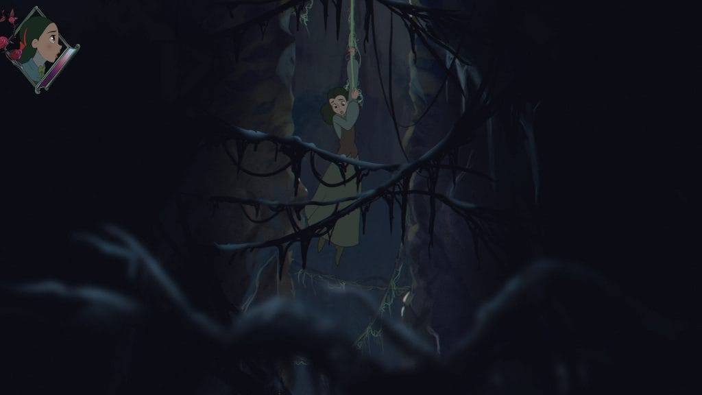 Bye Sweet Carole Review - gameplay screenshot of Lana Benton holding on to a vine for dear life while she looks down below
