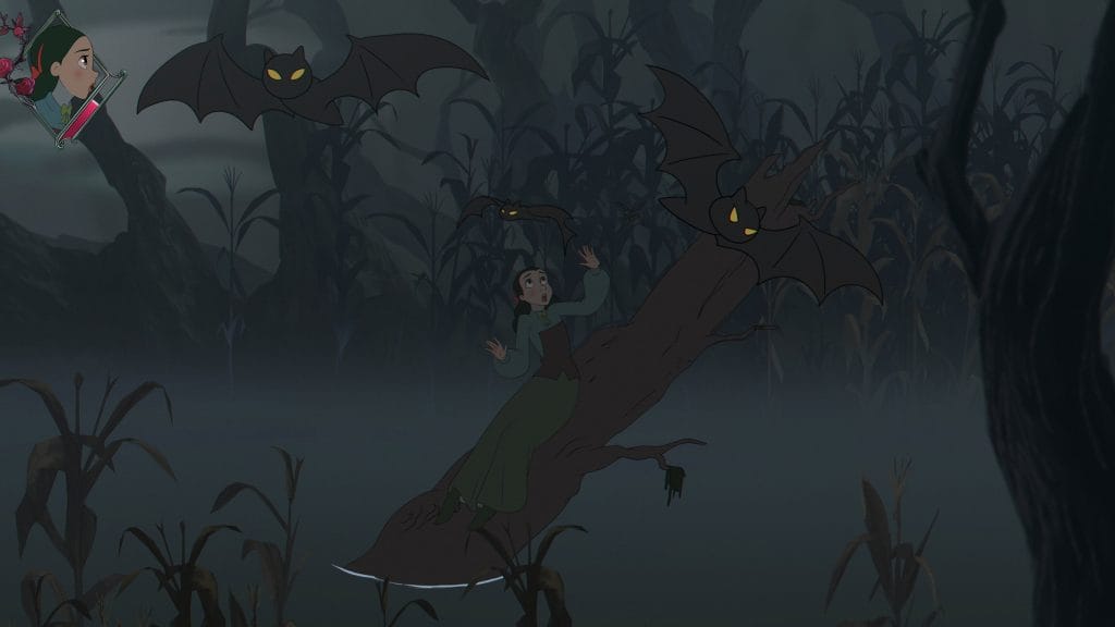 Bye Sweet Carole Review - gameplay screenshot of Lana Benton being terrorized by three bats while sitting on a tree trunk in a swamp at night