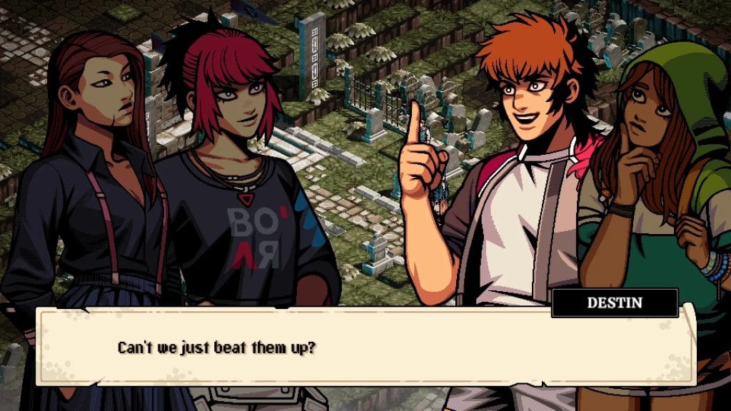Demonschool Review - screenshot of Faye, Destin, Ocean, and another character talking