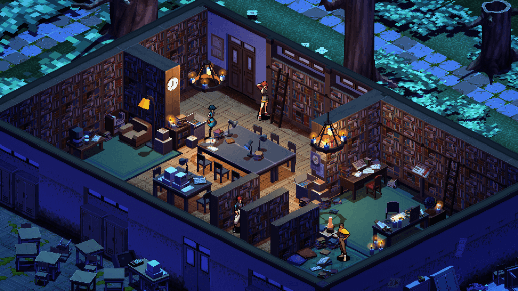 Demonschool Review - screenshot of the party resting in the library