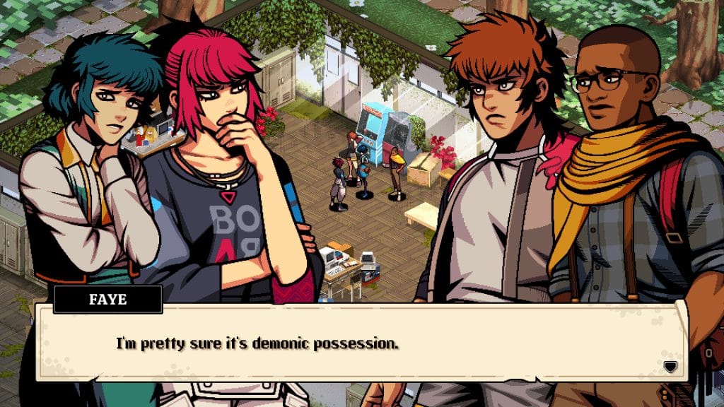 Demonschool Review - screenshot of Faye, Namako, Destin, and Knute talking