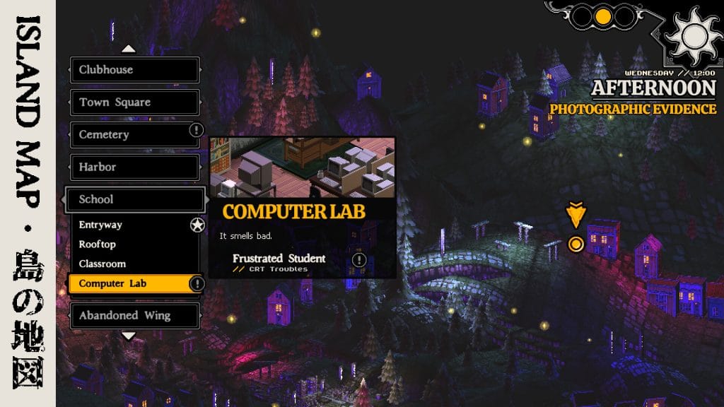 Demonschool Review - screenshot of the in-game map, specifically the Computer Lab, which "smells bad"