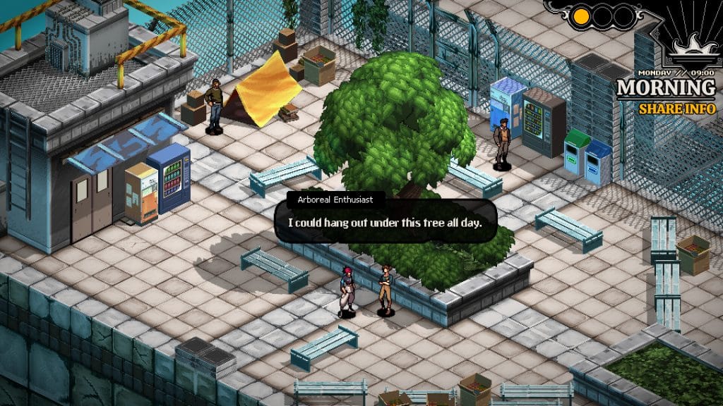 Demonschool Review - screenshot of NPC dialogue on the school roof