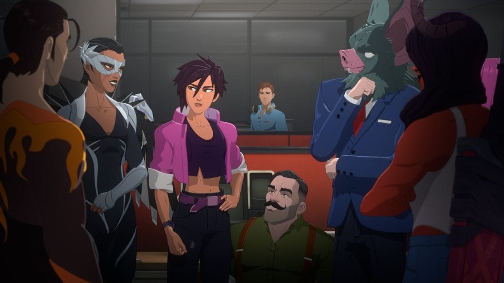 Dispatch Episodes 3 & 4 Review - screenshot of the Z-Team in the foreground with Robert looking at them from the background