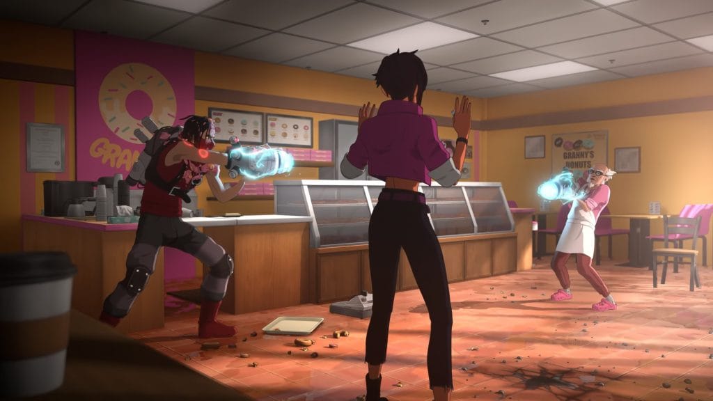 Dispatch Episodes 3 & 4 Review - screenshot of Invisigal with her hands raised in a room with two other supervillains holding charge guns